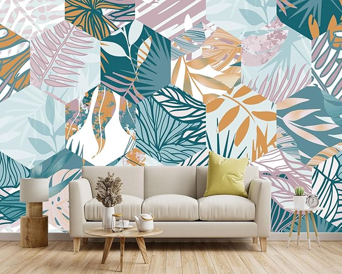 -Abstract Geometry Botanical Banana Leaf Fabric Wallpaper Living Room Bedroom Bathroom Tropical Plant Leaf Large Wall Mural- 160"x108"（ not Peel and Stick）