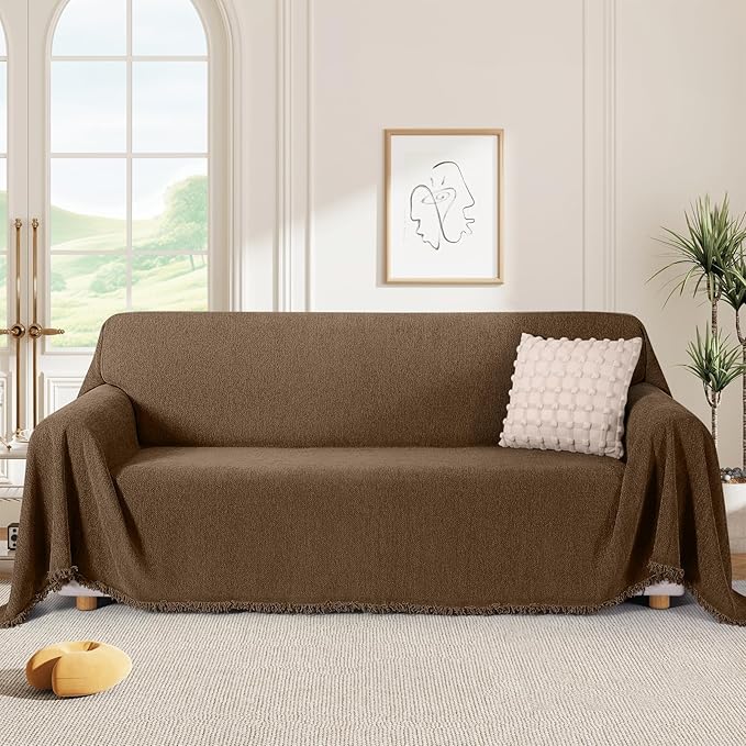 KinCam Couch Covers for 3-4 Cushion Couch Sofa Cover Washable Sectional Couch Cover for Dogs Tassel Sofa Blanket Cover Pet Friendly Soft and Durable for Most Furniture(71" x 150", Dark Coffee)