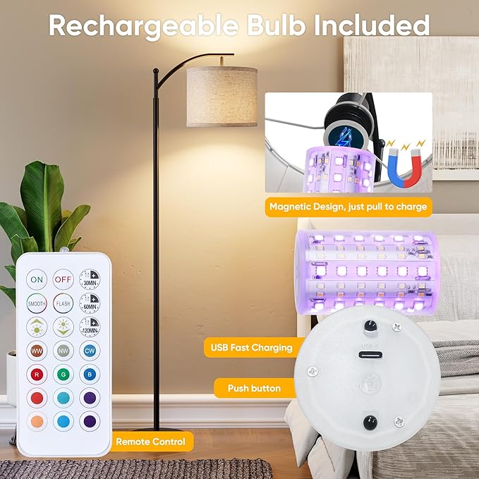 Battery Operated Floor Lamp, RGB Dimmable Cordless Standing Lamp with Remote Control for Living Room, Tall Floor Lamp for Bedroom
