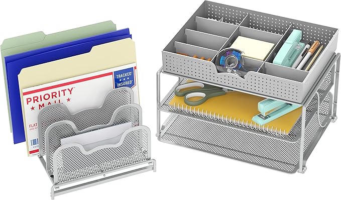 Simple Houseware Mesh Desk Organizer with Sliding Drawer, Double Tray and 5 Stacking Sorter Sections, Silver