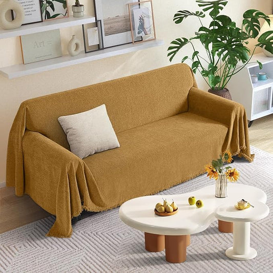KinCam Couch Covers for 3-4 Cushion Couch Sofa Cover Washable Sectional Couch Cover for Dogs Tassel Sofa Blanket Cover Pet Friendly Soft and Durable for Most Furniture(71" x 150", Mustard Yellow)