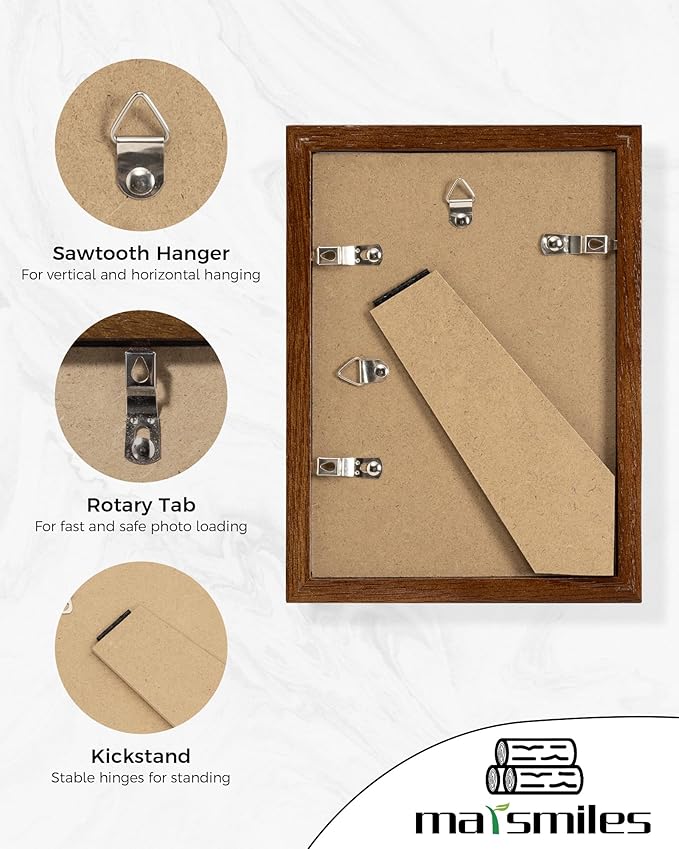 Marsmiles 5x7 Wooden Picture Frame, USA-Sourced Natural Oak Solid Wood Photo Frame with Plexiglass for Display Pictures 4x6 with Mat or 5x7 without Mat, Walnut, 3 Pack