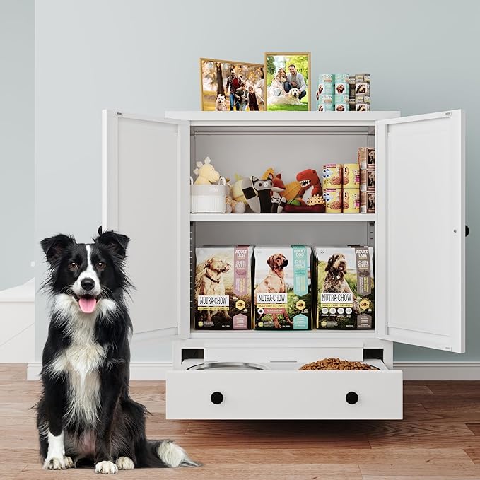 Dog Feeding Station with Storage, Metal Dog Food Storage Cabinet with 2 Elevated Bowls and 3 Hooks, Pet Feeding Station and Dogs Food Storage Organizer, White