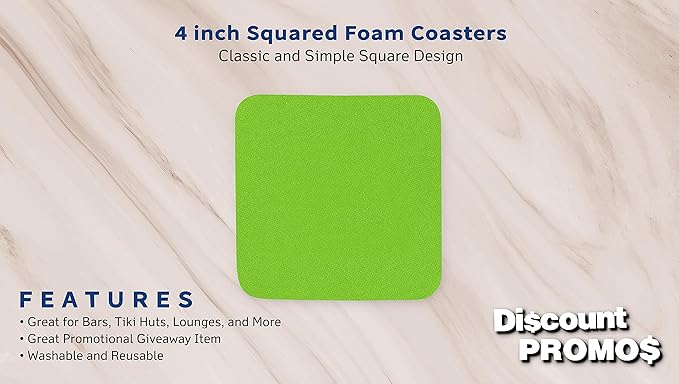 10 Squared Foam Coasters Pack, 4 inch - PU Foam, Foldable - Lime Green
