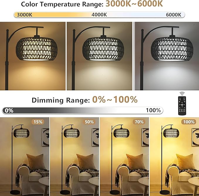 Arc Floor Lamp with 3 Color Temperatures,Black Floor Lamp with Remote Control, Boho Standing Lamp with Rattan Wicker Shades, Farmhouse Tall Pole Lamp for Living Room Bedroom