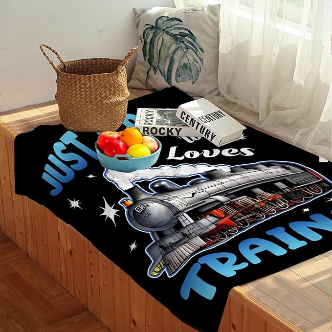 Boy Who Loves Trains Blanket Soft Blankets and Throws Flannel Cozy Lightweight Quilt Gift for Train Lovers for Bed Sofa Couch-60x50 Inches
