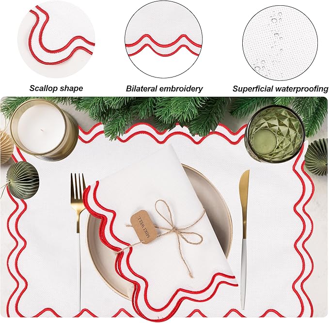 Set of 6 Cotton Linen Placemats, 13''x 19'' Wavy Embroidery Scalloped Placemats Washable Rustic Dinner Waterproof Table Mats (red)