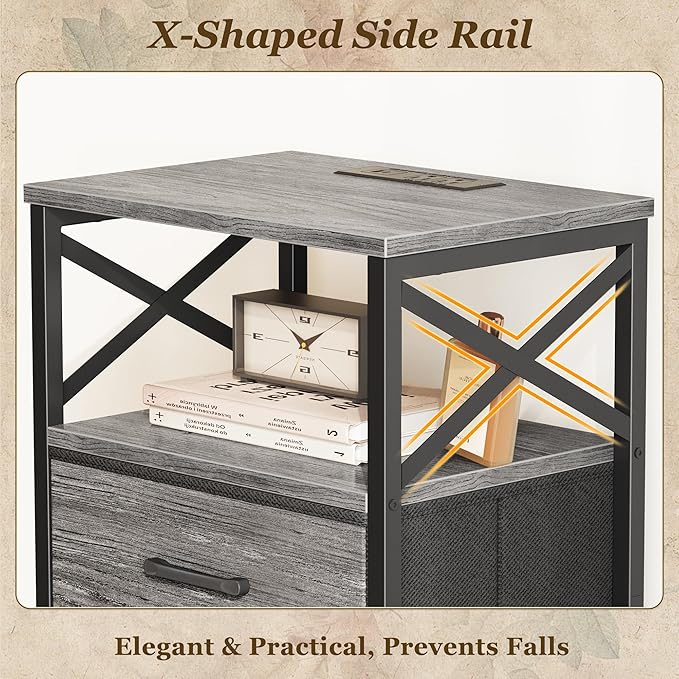 Huuger Nightstands Set of 2, Night Stand with Charger Station, 2 Drawer Side Table with Open Shelf, USB-C Port, End Table for Small Spaces, X Shaped Side Rail, Grey