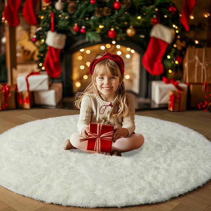 Amdrebio Ivory White Round Circle Rug 6Ft for Kids Bedroom Aesthetic, Big Washable Fluffy Fuzzy Area Rugs for Living Room, Circular Plush Soft Shaggy Cream Carpet for Baby Nursery Teen Girls Boys