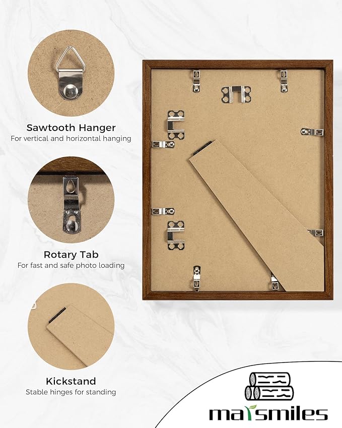 Marsmiles 8.5x11 Wooden Picture Frame, USA-Sourced Natural Oak Solid Wood Photo Frame with Plexiglass for Display Pictures 6x8 with Mat or 8.5x11 without Mat, Walnut, 3 Pack