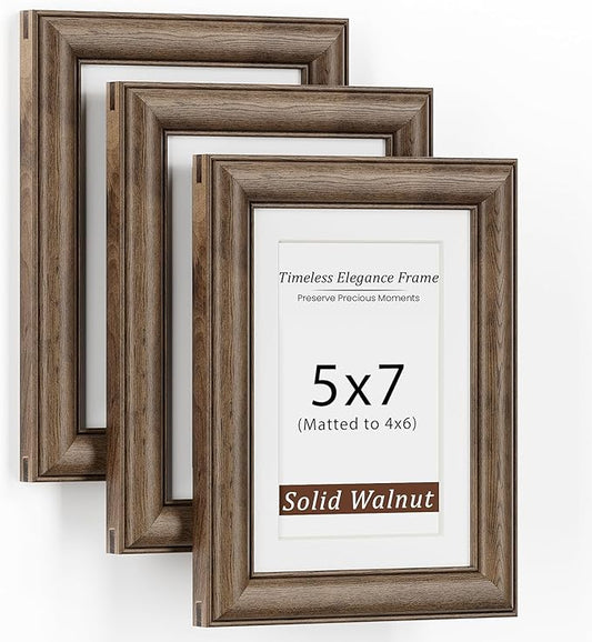 5x7 Picture Frame, USA-Sourced Walnut Wood Frame with Tempered Glass, Display 4x6 with Mat or 5x7 Without Mat, 5 by 7 Photo Frame for Wall & Tabletop Display, Handcrafted Wood Frame, 3 Pack