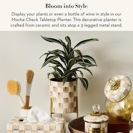 MACKENZIE-CHILDS Tabletop Planter, Ceramic Decorative Pot for Plants, Brown-and-White Mocha Check
