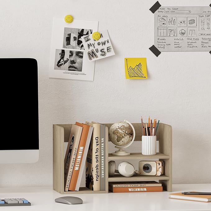 Wood 2 Toer Desk Organizer, Standing File Organizer with Three Storage Apartments, Desktop Storage Organizer for Desk, Office, Classroom, Brown