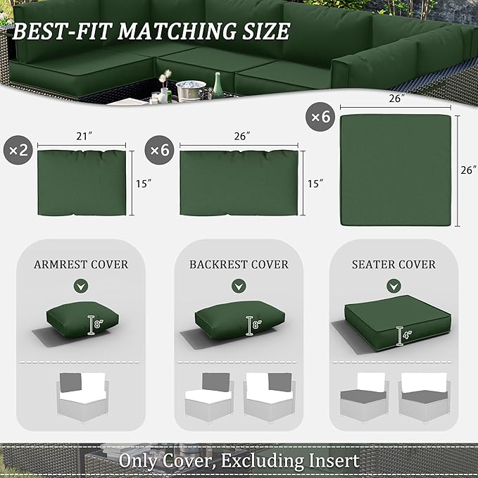 14 Pcs Outdoor Patio Cushion Covers, Replaceable Waterproof Furniture Covers, Outdoor Non-Slip Covers with Zippers, Couch 3 Sizes, Covers Only (Green)