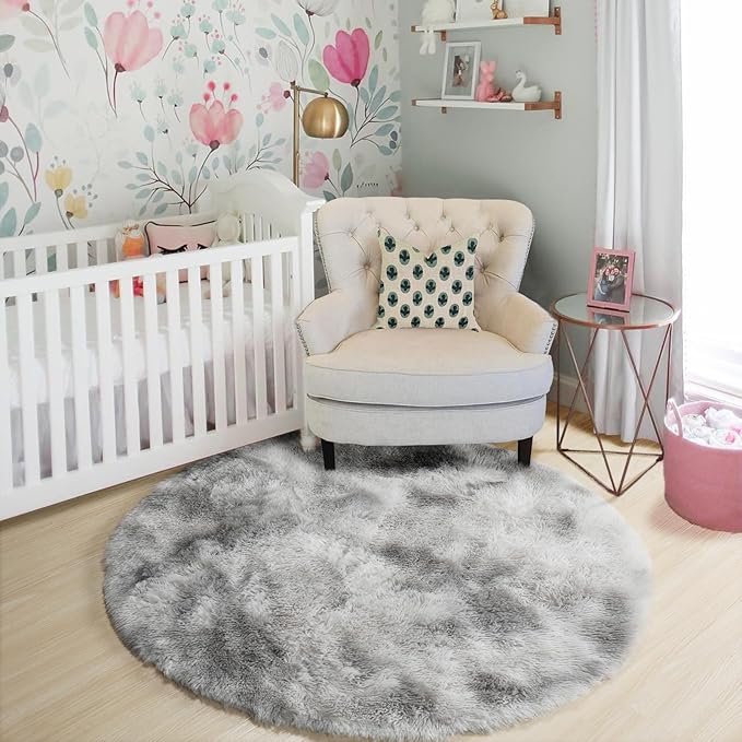 Amdrebio Tie-Dye Light Grey Round Circle Area Rugs 5Ft for Living Room Bedroom, Soft Fluffy Fuzzy Shag Rug for Kids Room Home Office, Furry Plush Indoor Floor Shaggy Gray Carpet for Baby Nursery Dorm