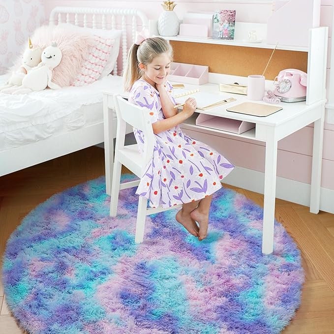 Amdrebio Purple Rainbow Round Area Rug 7Ft for Girls Bedroom Living Room Decor, Mermaid Stitch Frozen Kids Rugs for Playroom Nursery Classroom, Fluffy Fuzzy Cute Plush Carpet, Large Big Circle Rug