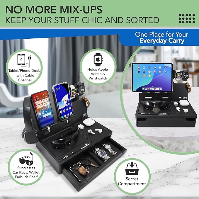 Nightstand Organizer with Drawer- Wood Phone Docking Station- Desk Organizer for Two Phones or Tablet, Watches, Headphone & Accessories- Unique Gifts for Men, Dad or Son (Black)