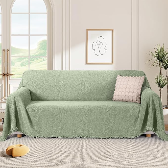KinCam Couch Covers for 3-4 Cushion Couch Sofa Cover Washable Sectional Couch Cover for Dogs Tassel Sofa Blanket Cover Pet Friendly Soft and Durable for Most Furniture(71" x 150", Light Green)