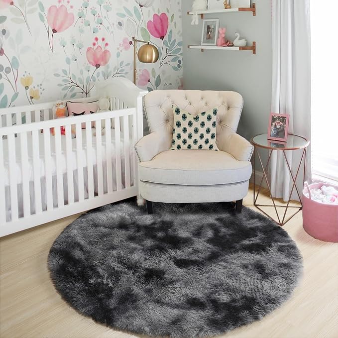 Amdrebio Tie-Dyed Dark Grey Round Rug 4Ft for Bedroom Dorm, Soft Furry Shaggy Circle Area Rugs for Living Room Office, Shag Fluffy Fuzzy Carpet for Kids Teen Boys Mens, Modern Cool Floor Circular Rug