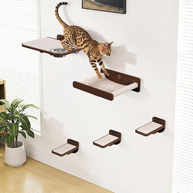 Space-Saving Cat Wall Shelves – Interactive Cat Wall Climber with Hammock & Dog Proof Feeding Station for All Indoor Breeds – Solid Walnut Wood with Beige Carpet