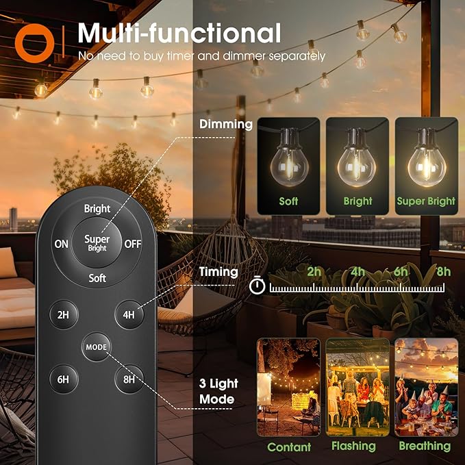 addlon 50FT Solar String Lights Outdoor Waterproof with Remote, G40 Globe Solar Patio Light with 27 LED Shatterproof Bulbs, 3 Modes, Dimmable Hanging for Outside Backyard Party