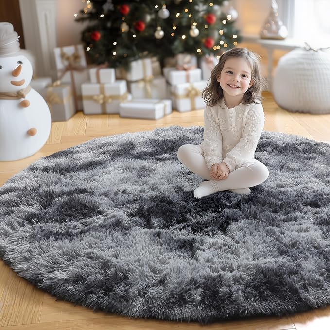 Amdrebio Tie-Dyed Dark Grey Round Rug 4Ft for Bedroom Dorm, Soft Furry Shaggy Circle Area Rugs for Living Room Office, Shag Fluffy Fuzzy Carpet for Kids Teen Boys Mens, Modern Cool Floor Circular Rug