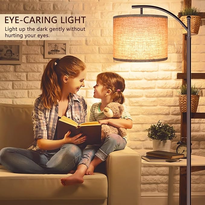 ROTTOGOON Floor Lamp for Living Room, LED Tall Industrial Standing Lamp Reading for Bedroom, Office (9W LED Bulb, Beige Lampshade Included) -Oil-Rubbed Bronze