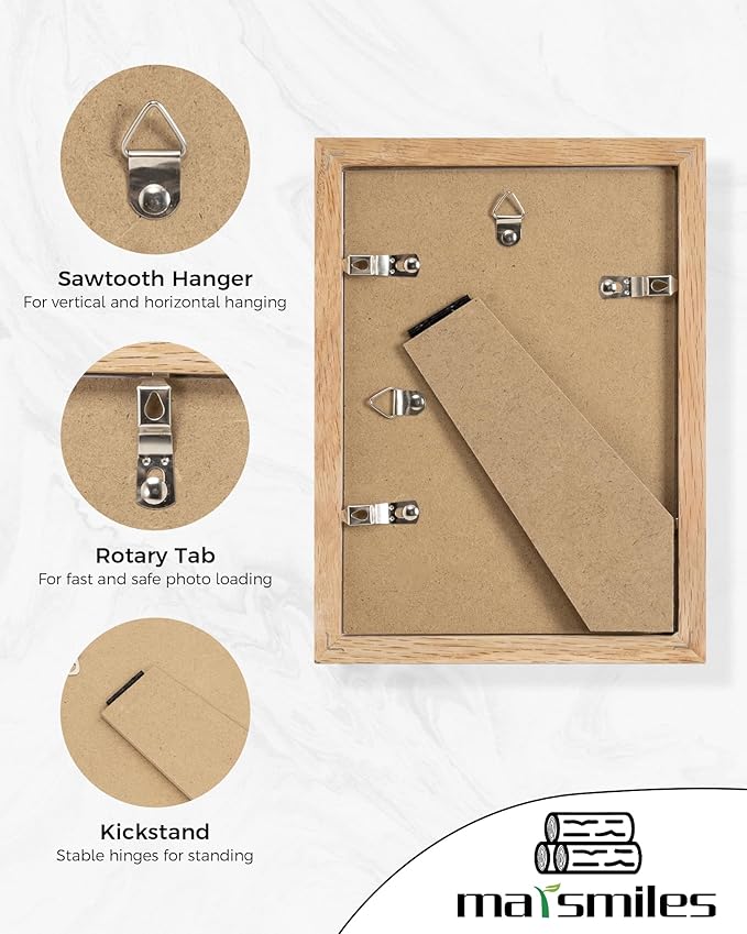 Marsmiles 5x7 Wooden Picture Frame, USA-Sourced Natural Oak Solid Wood Photo Frame with Plexiglass for Display Pictures 4x6 with Mat or 5x7 without Mat, Natural, 3 Pack