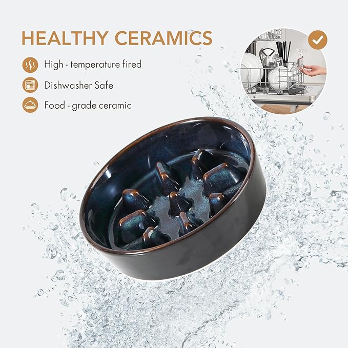 Ceramic 7.3 inch Dog Bowl Slow Feeder, Slow Pet Food Dish for Medium and Small Dog, Stop Bloat, Preventing Choking(Single Bowl, Starry Sky)