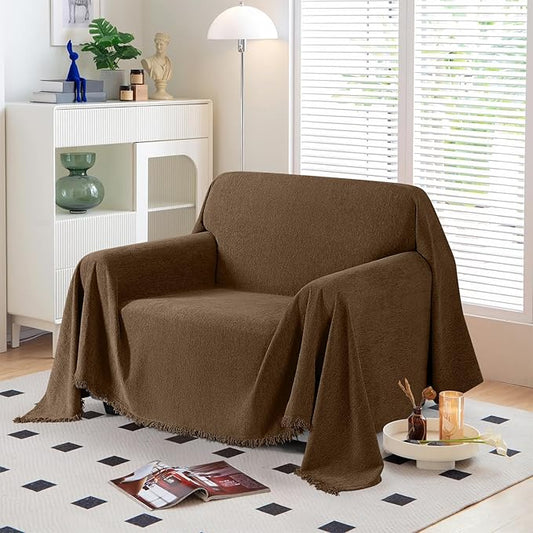 KinCam Couch Covers Washable Oversized Chair Cover Armchair Cover for Dogs Tassel Recliner Chair Sofa Cover Blanket Pet Friendly Soft and Durable for Most Furniture (71" x 71", Dark Coffee)