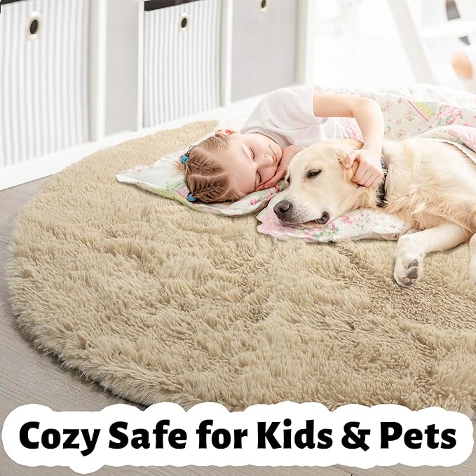 Amdrebio Beige Round Area Rug 4Ft for Bedroom, Machine Washable, Fluffy Plush Shag Furry Circle Rugs for Kids Room, Living Room Decor Aesthetic, Cute Fuzzy Carpet for Nursery Playroom Dorm Baby Teens