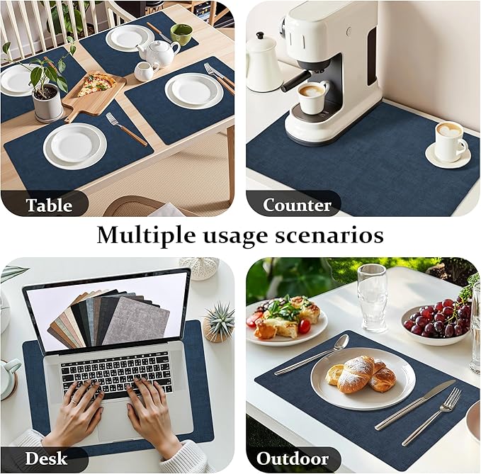 FROMHEART Faux Leather Placemats Set of 6–Waterproof,Heat/Oil Stain-Resistant PU Table Mat–Reversible,Non-Slip,Easy to Clean Place Mats for Kitchen,Dining,Indoor/Outdoor,(Dark Blue,11.8" x 17")