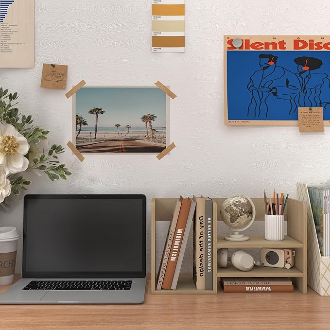 Wood 2 Toer Desk Organizer, Standing File Organizer with Three Storage Apartments, Desktop Storage Organizer for Desk, Office, Classroom, Brown