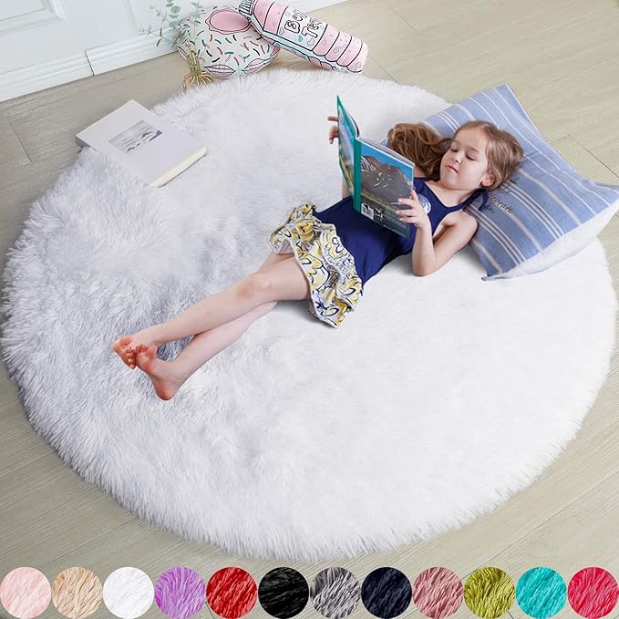 Amdrebio White Fluffy Round Rug 4Ft for Bedroom Aesthetic, Washable Fuzzy Fur Circle Area Rugs for Living Room, Plush Soft Shaggy Carpet for Nursery Dorm, Cute Kids Room Decor for Baby Teen Girls