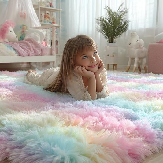 PAGISOFE 4x6 Rainbow Fluffy Soft Plush Area Rugs for Girls Bedroom, Shaggy Rugs for Kids Playroom,Kawaii Princess Fuzzy Rugs for Nursery Baby Toddler,Cute Colorful Room Decor for Teenage