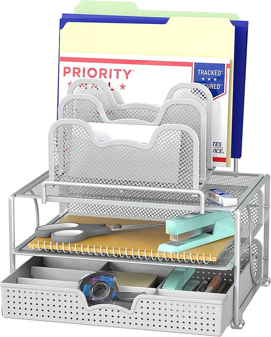 Simple Houseware Mesh Desk Organizer with Sliding Drawer, Double Tray and 5 Stacking Sorter Sections, Silver