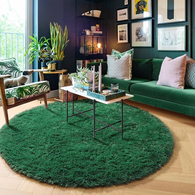 Amdrebio Dark Green Round Rug 6Ft for Living Room Bedroom, Fluffy Thick Floor Circle Area Rugs for Kids Room Decor, Furry Shag Rug for Baby Nursery, Teens Dorm, Fuzzy Plush Cool Emerald Green Carpet