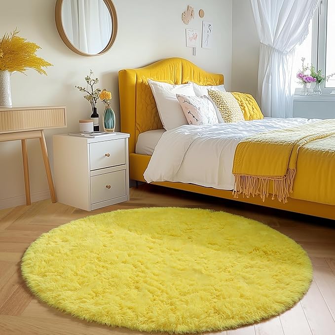 Amdrebio Yellow Circle Round Rug 6Ft for Living Room Bedroom, Fluffy Fuzzy Shag Furry Area Rugs for Baby Kids Room Decor Aesthetic, Cute Plush Kawaii Carpet for Classroom Nursery Teen Girls Boys