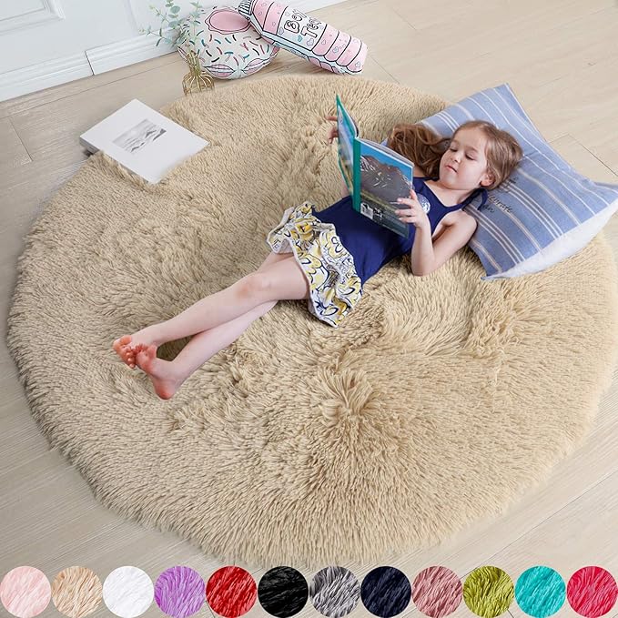 Amdrebio Beige Round Area Rugs 5Ft for Bedroom, Fluffy Plush Shag Furry Circle Rug for Kids Room, Living Room Decor Aesthetic, Fuzzy Circular Tan Neutral Carpet for Teens Baby Nursery Playroom Dorm