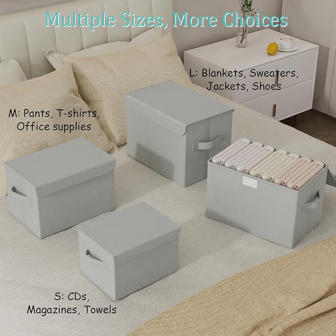Foldable Storage Bin, Cube Organizer Basket with Flip-Top Lid and 2 Handles, Decorative Boxes for Shelves with Cover for Clothes, Towels, Blanket, 4 Pack, Grey, 13 x 9 x 7.9 In, XSNY12GM-4