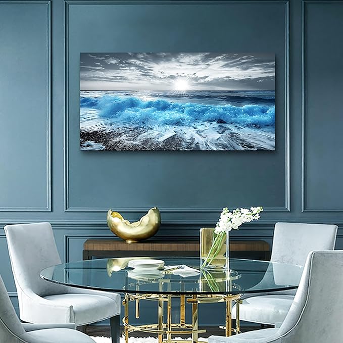 Lapremoly Framed Wall Art For Living Room Large Canvas Wall Decor For Office Blue Beach Painting Ocean Sea Waves Wall Pictures Bedroom Home Decorations Prints Posters Mural Artwork Ready to hang