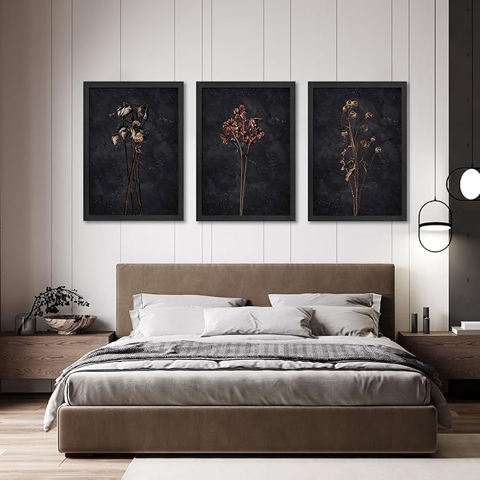 arfitest Vintage Flower Wall Art Dark Moody Wildflower Wall Decoration Minimalist Wildflower Frame Wall Decoration 16''x24'' Inch Set of 3 Black Photo Frames