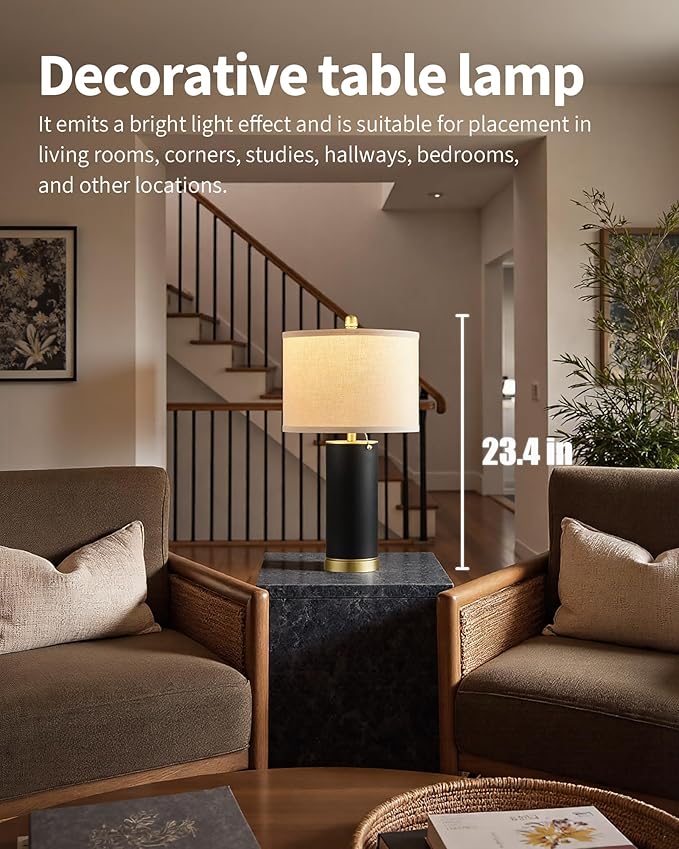 KDG 23.4" Black PU Leather Table Lamps for Living Room Set of 2, 3 Level Brightness LED Modern Home Decor Fabric Lampshade Desk Lamp Lighitng for Bedroom, Bedside, Farmhouse, Nightstand, Night Light