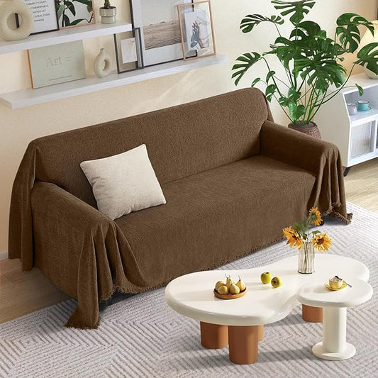 KinCam Couch Covers for 3-4 Cushion Couch Sofa Cover Washable Sectional Couch Cover for Dogs Tassel Sofa Blanket Cover Pet Friendly Soft and Durable for Most Furniture(71" x 150", Dark Coffee)