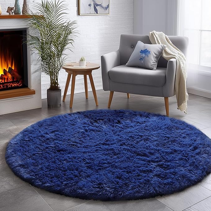 Navy Blue Round Rug 6Ft for Boys Bedroom, Large Fluffy Fuzzy Circle Area Rugs for Kids Playroom, Living Room Decor Aesthetic, Cute Shaggy Plush Floor Royal Dark Blue Carpet for Dorm Teen Baby Nursery
