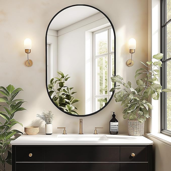 SogesHome Medicine Cabinet with Mirror, 21x34 Oval Mirror Cabinet, Wall Mount Recess Bathroom Vanity Mirror with Storage with 2 Shelves, Perfect for Bathroom, Black