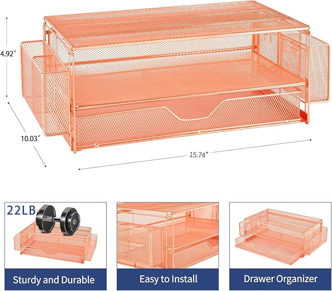 AUPSEN Computer Monitor Stands Riser，2-Tier Desk Organizers and Accessories, Office Desk Accessories Organizer with Drawers and 2 Pen Holder for Office Supplies (Rose Gold)