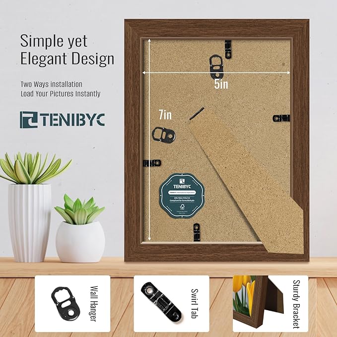 5x7 Picture Frame 4 Pack - Brown Wood, HD Tempered Glass, 5 x 7 Photo Frame for Table Top and Wall Display, Gift for Family