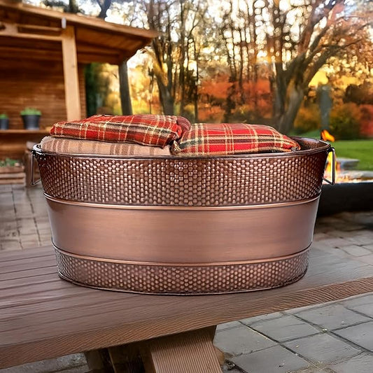 BREKX Copper Galvanized Tub for Indoor Firewood Storage Rack Log Holder - 25QT Heavy-Duty Portable Tub with Handles -Multi-Use for Planters, Blankets for Living Room, Etc