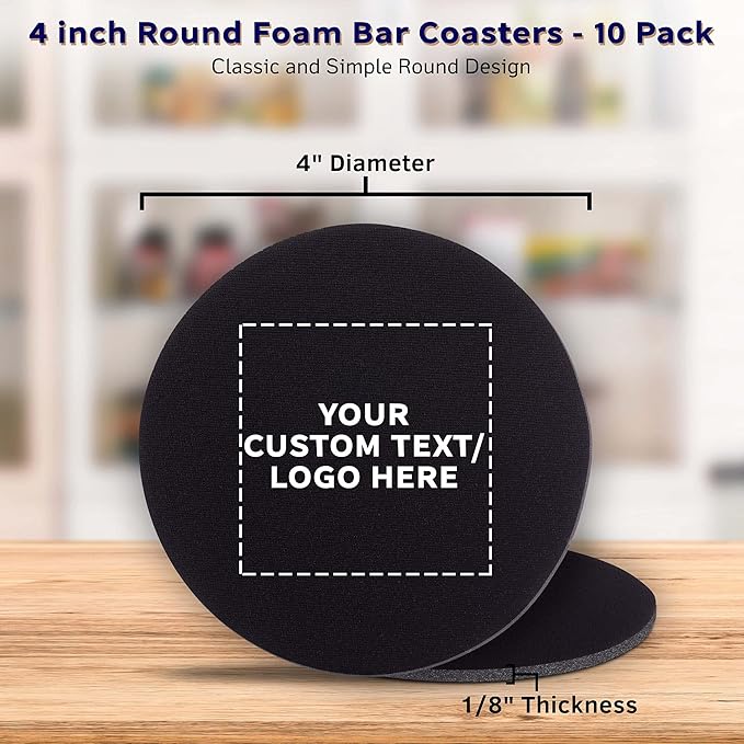 10 Round Foam Bud Coasters Pack, 4 inch - Customizable Text, Logo - PU Foam, Party Favor - Black